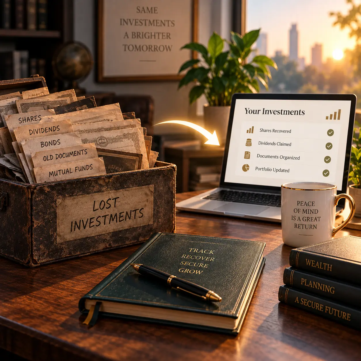 A box of lost investments beside a laptop showing recovered assets