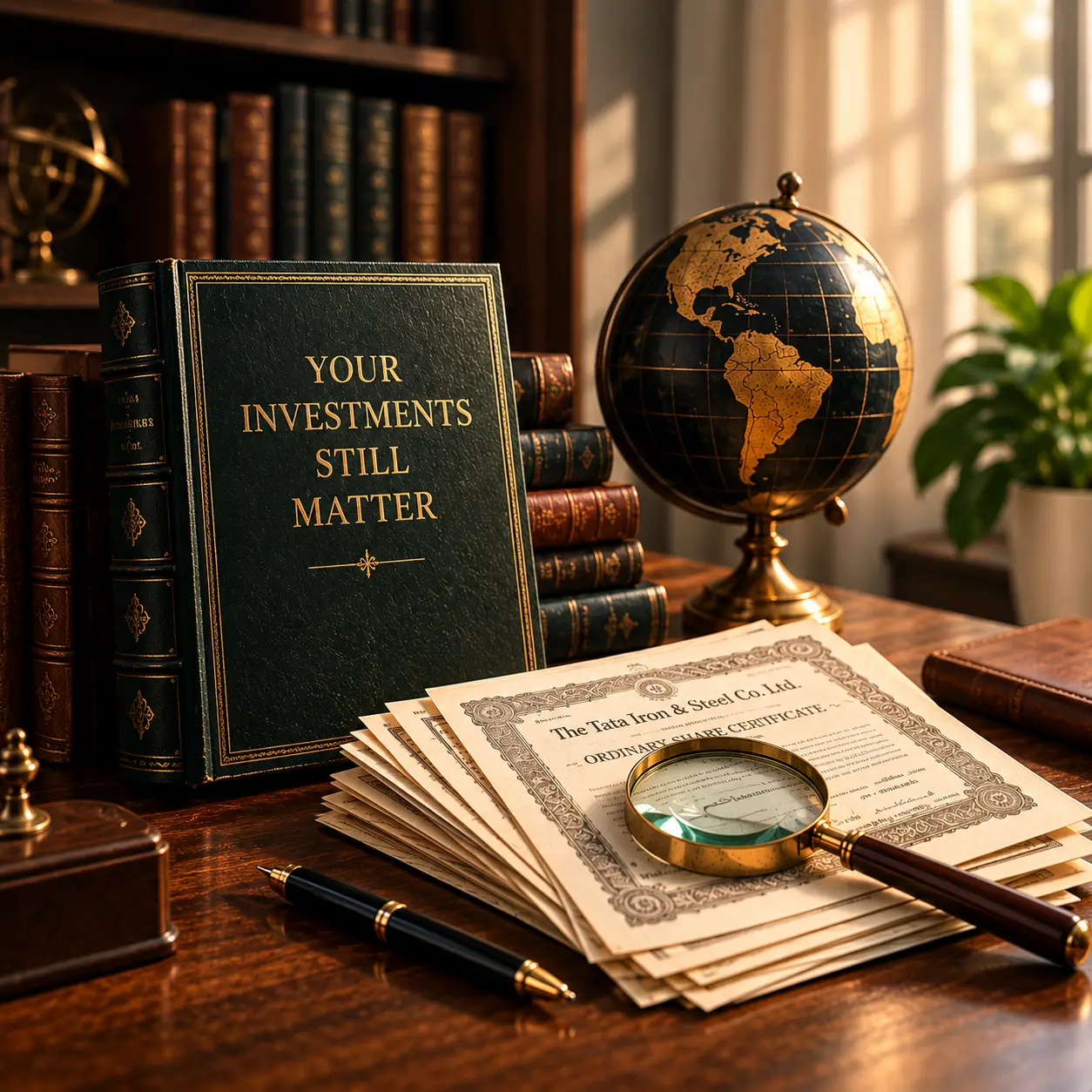 Old share certificates with a magnifying glass beside a book reading Your Investments Still Matter